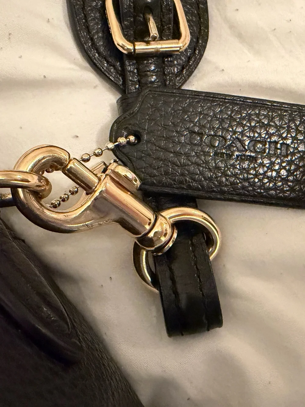 Coach Black Leather Crossbody with Striped Shoulder Strap and Gold Hardware